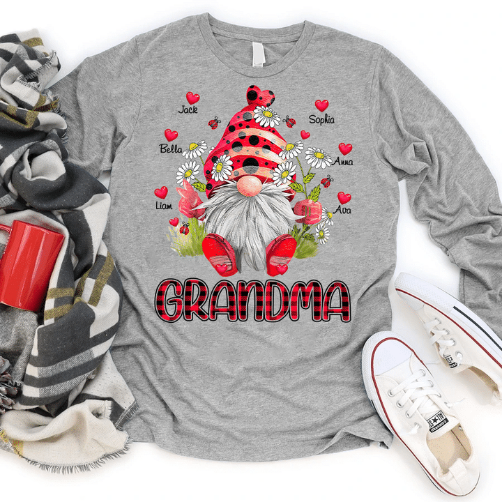 Grandma Gnomes With Grandkids Names Hearts | Personalized Long Sleeve Shirt