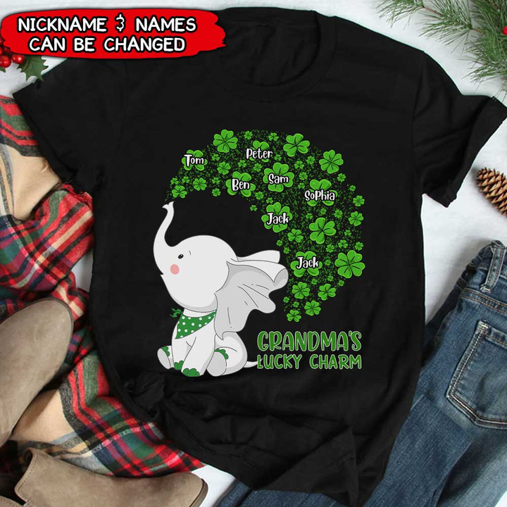 Grandma's Lucky Charm Personalized Elephant Clover Shirt NVL24JAN22TP3 Black T-shirt and Hoodie Humancustom - Unique Personalized Gifts 