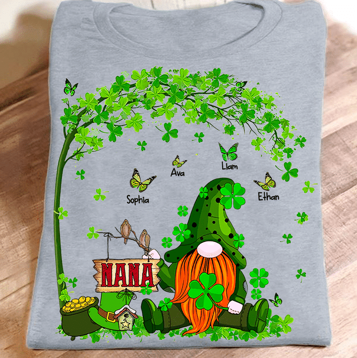 Nana Gnome With Grandkids Names Butterfly - Patrick | Personalized T-Shirt