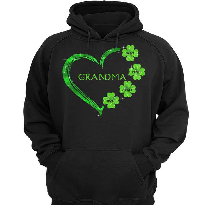 Hoodie & Sweatshirts Grandma Shamrock Heart St. Patrick‘s Day Irish Personalized Hoodie Sweatshirt Hoodie / Black Hoodie / S