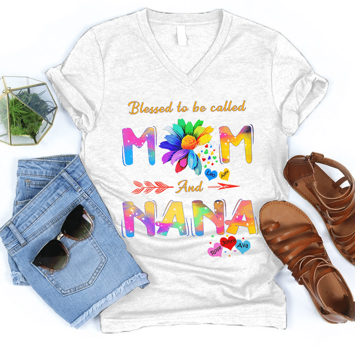 Blessed To Be Called Mom And Nana | Personalized V-Neck Shirt
