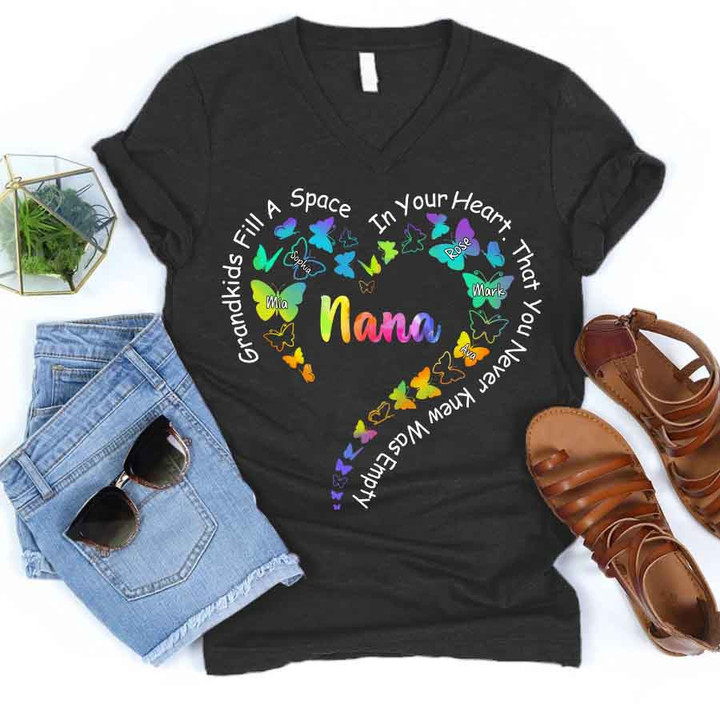 Nana - Grandkids Fill A Space In Your Heart That You Never Knew Was Empty Colorful Butterflies Heart | Personalized V-Neck Shirt