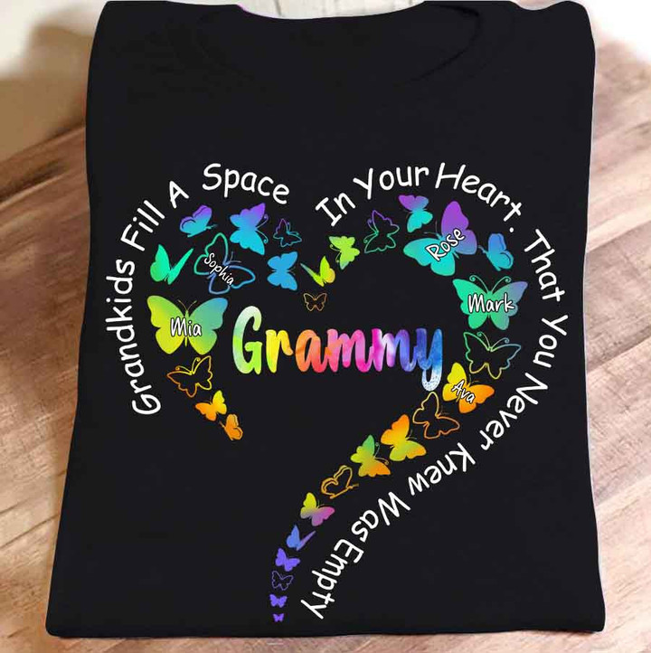 Grammy - Grandkids Fill A Space In Your Heart That You Never Knew Was Empty Colorful Butterflies Heart | Personalized T-Shirt