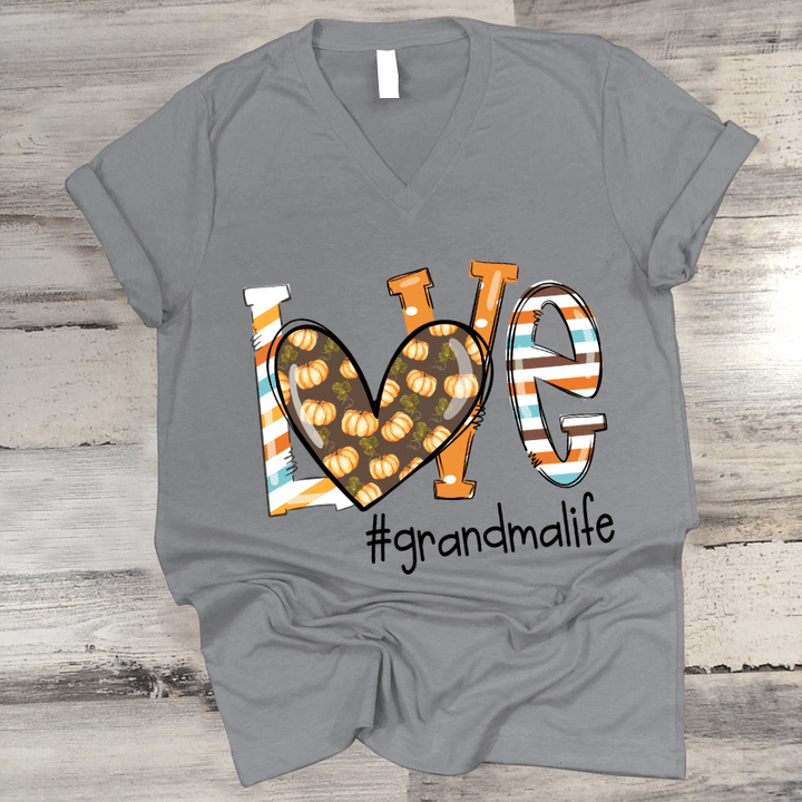 Love Pumpkin Grandma Life Fall | Personalized V-Neck Shirt