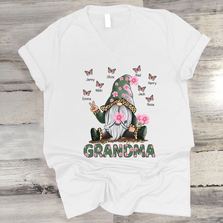Flower And Butterflies Gnome Grandma | Personalized V-Neck Shirt