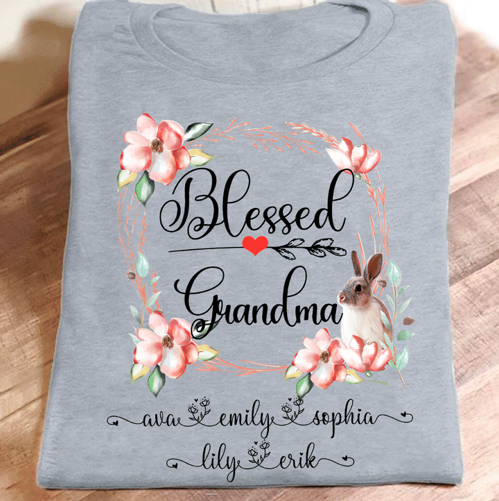 Blessed Grandma Bunny And Grandkids Name | Personalized T-Shirt