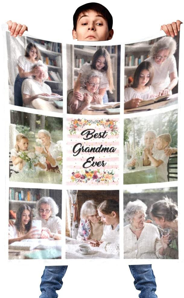 Mothers Day Blanket From Grandkids Best Grandma Ever Blankets, Custom Blanket with Picture, Personalized Flannel Throw Blanket for Mother's Day, Birthday, Christmas