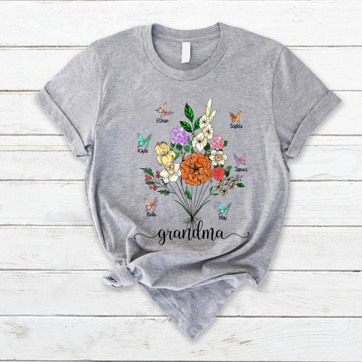 Personalized Grandma And Grandkids Flower Butterfly T-Shirt