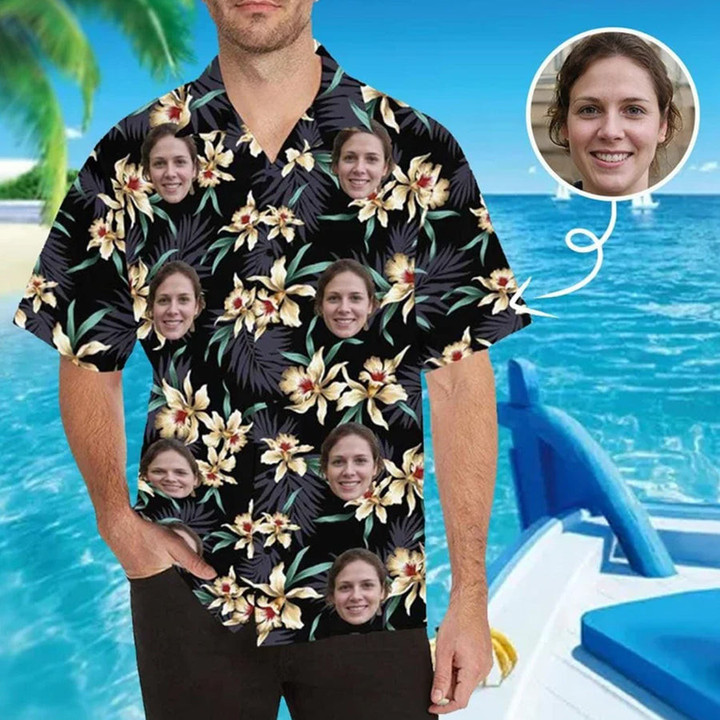 Custom Face Hawaiian Shirt for Boyfriend or Husband, Personalized Photo Lily Flower hawaiian shirt, Short Sleeve Hawaiian Aloha Shirt
