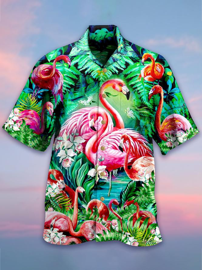 Flamingo Hawaiian Shirt, Flamingo Short Sleeve Hawaiian Aloha Shirt, Flamingo Hawaiian Shirt for men, women