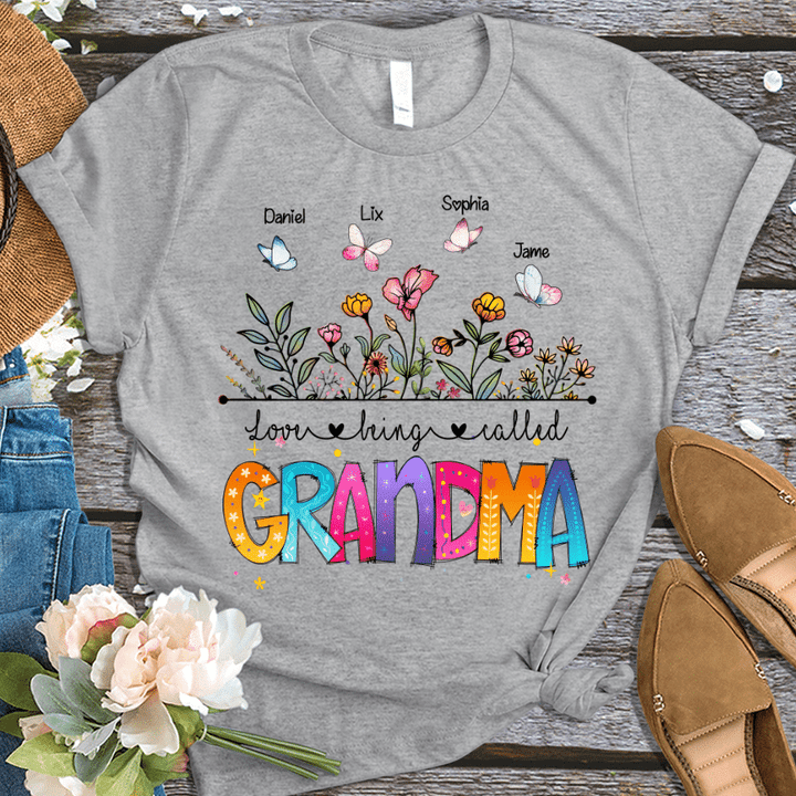 Personalized Love Being Called Grandma WildFlower With Grandkids Butterfly T-Shirt