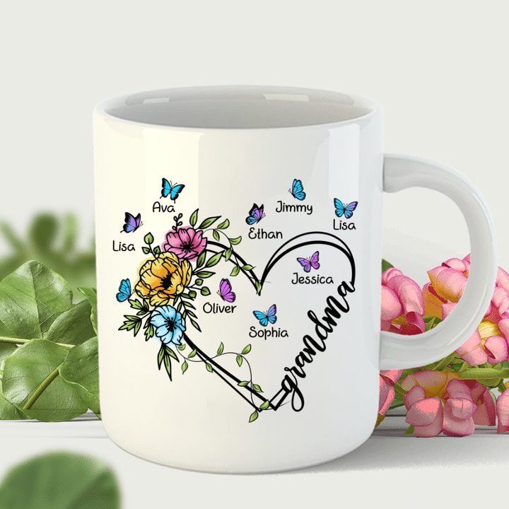 Grandma Heart With Grandkids Watercolor Flower Mug