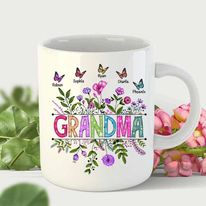 Personalized Wildflowers Grandma And Grandkids Butterfly Mug