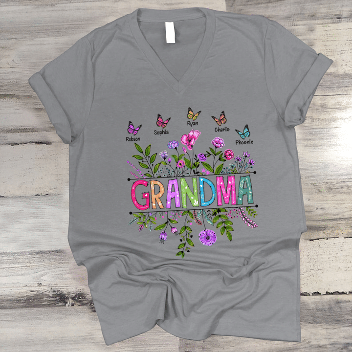 Personalized Wildflowers Grandma And Grandkids Butterfly V-Neck