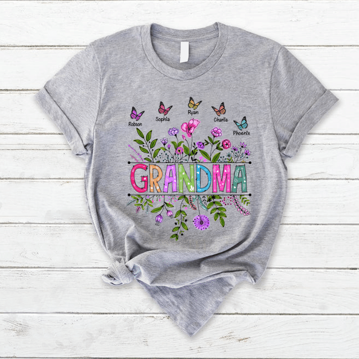 Personalized Wildflowers Grandma And Grandkids Butterfly T-Shirt