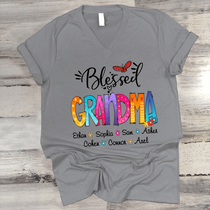 Blessed Grandma Grandklids Flower Colorful V-Neck