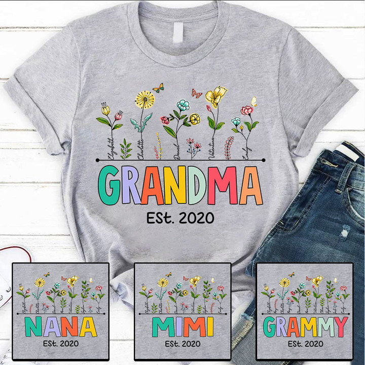 Mom Grandma Wildflowers Colorful Kid Names T-Shirt