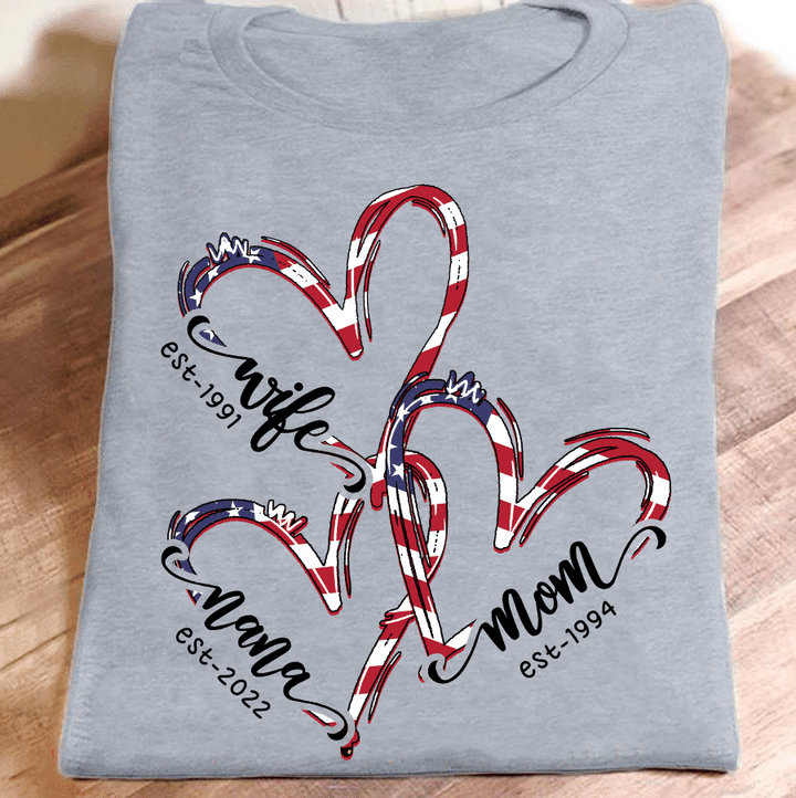 Wife Mom Nana Flag Heart | Personalized T-Shirt