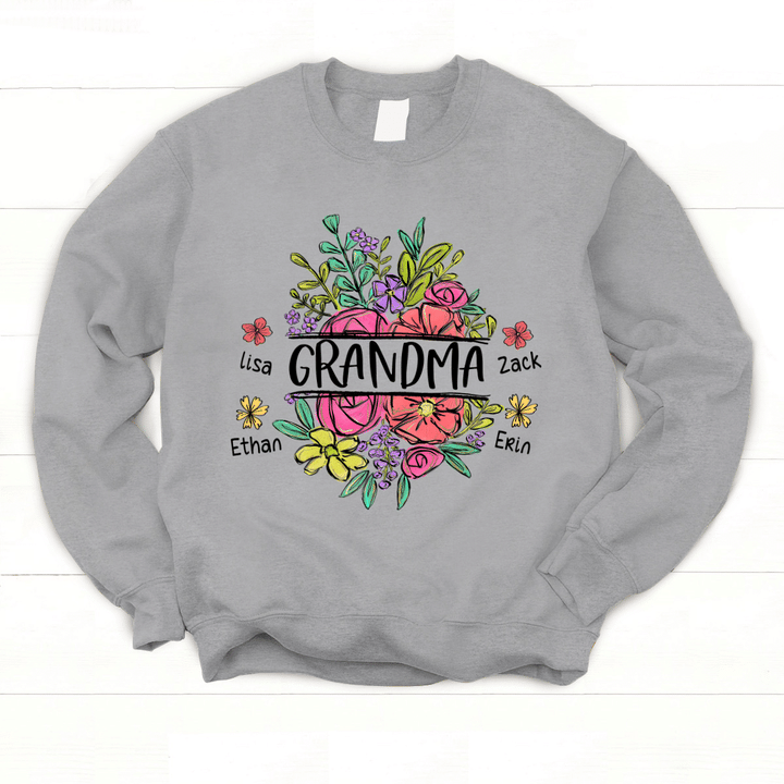 Grandma With Grandkids Floral Art Personalzied Sweatshirt
