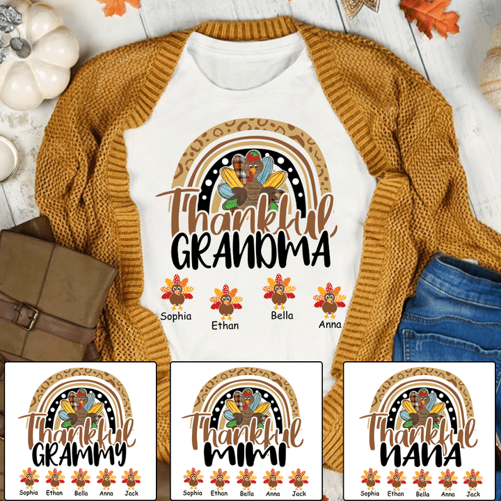 Pofily Personalized Thankful Grandma With Grandkids Thanksgiving Shirt