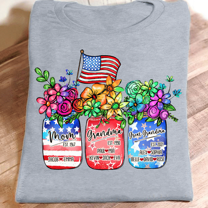 Mom Grandma Great Grandma Flag Flower | Personalized T-Shirt