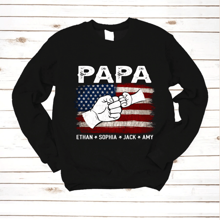 American Flag Papa Grandpa And Kids Names Hand Sweatshirt