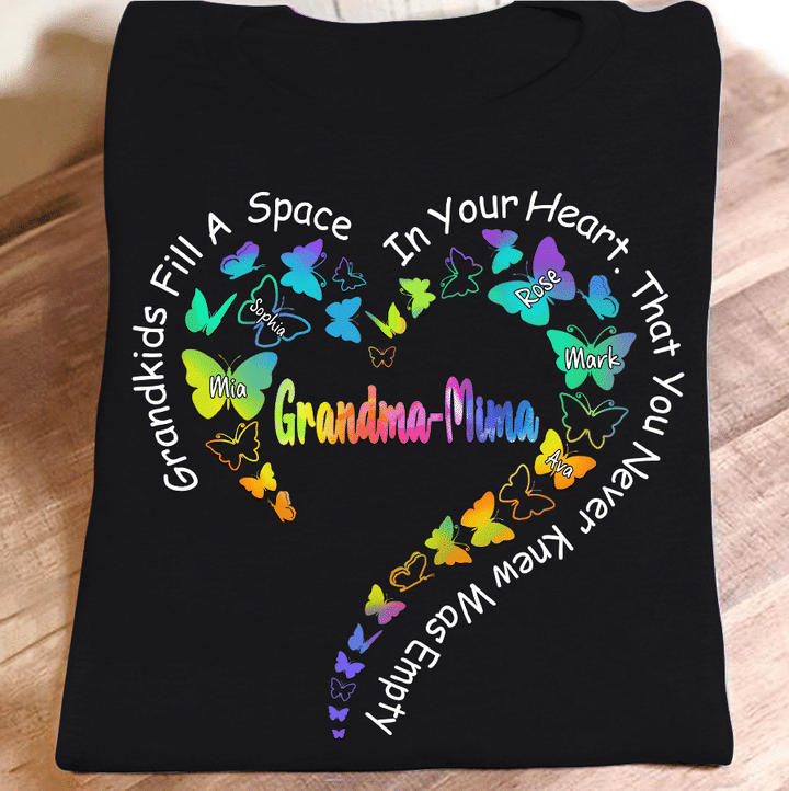Grandma-Mima - Grandkids Fill A Space In Your Heart That You Never Knew Was Empty Colorful Butterflies Heart | Personalized T-Shirt