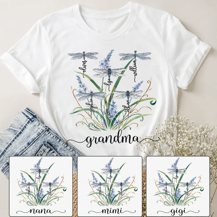 Personalized Grandma With Grandkids Dragonfly Mother's Day T-Shirt