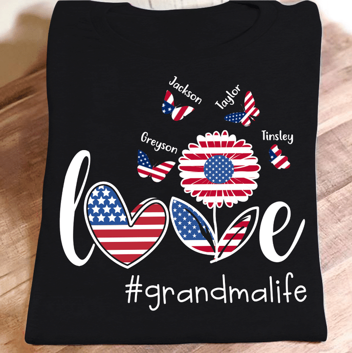 Love Grandma Life Flag Butterfly | Personalized T-Shirt