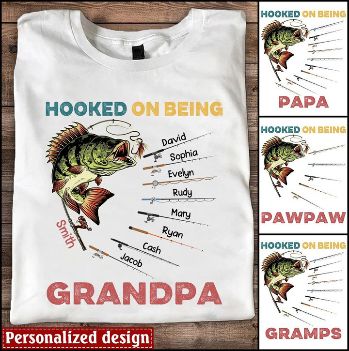 Fisherman Grandpa Custom Names Hooked On Being Grandfather Fathers Day Funny Fishing Lover Familia Gift Tshirt HLD04APR22XT1 White T-shirt and Hoodie Humancustom - Unique Personalized Gifts Classic Tee White S