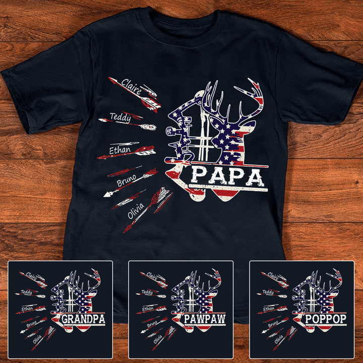 Papa Bow Hunting USA Flag Personalized Shirt For Grandpa, Nickname and Grandkid's names