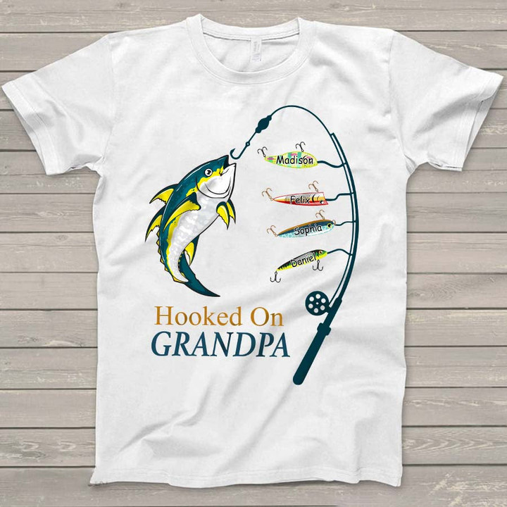 Personalized Hooked On Grandpa Shirt, Fishing Dad Shirt, Father's Day Shirt