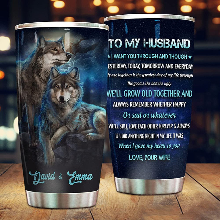 Husband Tumbler, Personalized To Husband from Wife Tumbler Romantic Print Wolf Couple Ideas Gifts for Valentines Day Vacuum Insulated Stainless Steel Iced Coffee Cup With Lid Double Wall