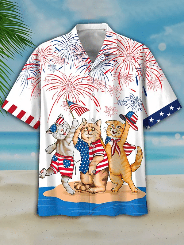 Men's 4th of july Cat hawaiian shirt - Independence Day hawaiian shirt, USA Patriotic Hawaiian Shirt
