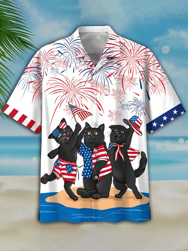Men's Independence Day Is Coming Cat Print Casual Hawaiian Shirt, USA Patriotic Hawaiian Shirt