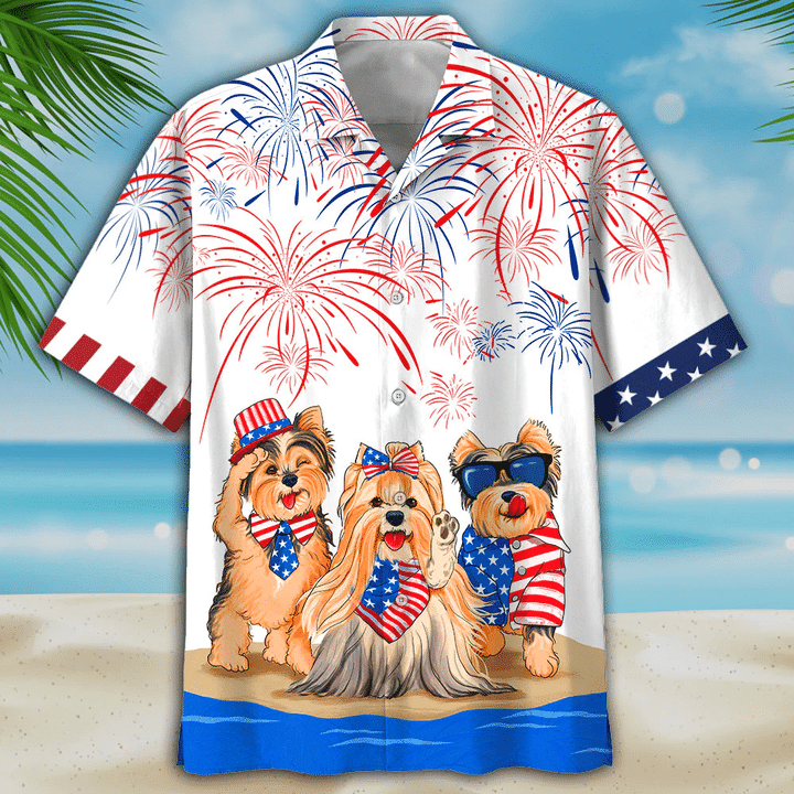 Yorkshire Terrier Independence In Comping, Men's USA Patriotic Hawaiian Shirt