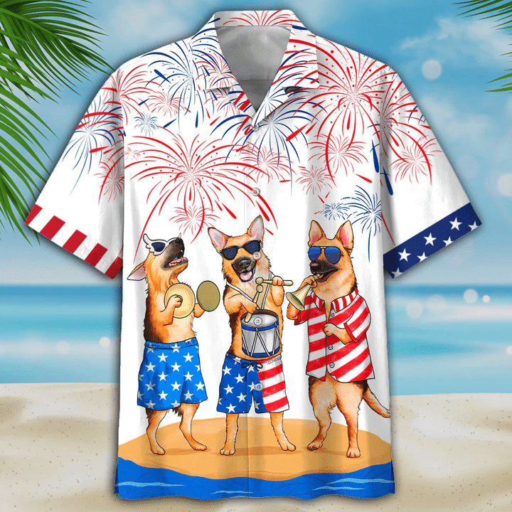 German Shepherd Hawaiian Shirt, Men's USA Patriotic Hawaiian Shirt, Patriotic Aloha Shirts