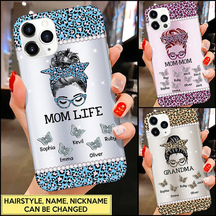 Personalized Leopard Messy Bun Grandma with Butterfly Grandkids Glass Phone case NVL22SEP21CT1 Glass Phone Case Humancustom - Unique Personalized Gifts Iphone iPhone 12 