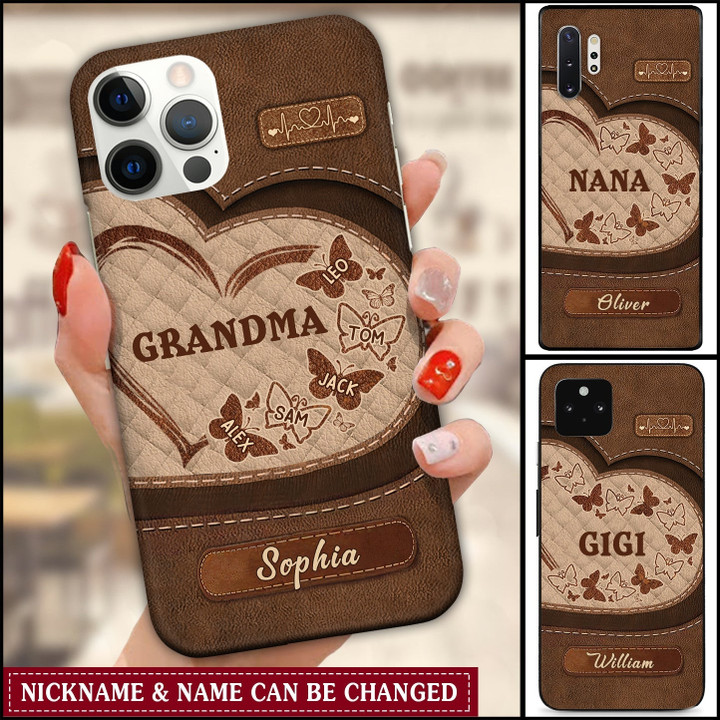 Personalized Grandma Heart Butterfly Texture Leather Phone case NVL24FEB22TT3 Silicone Phone Case Humancustom - Unique Personalized Gifts 