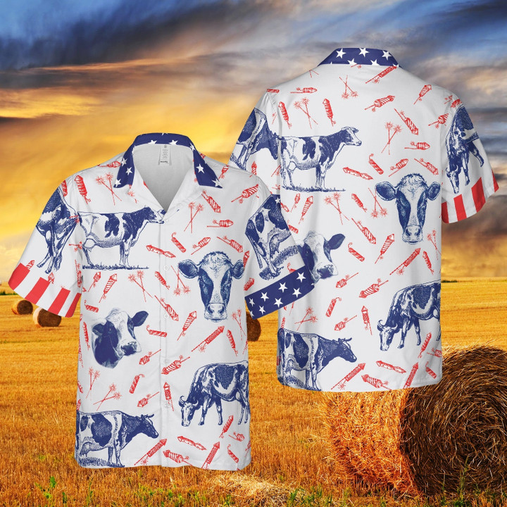 Independence Day Fire Cracker Holstein Friesian Cattle Pattern All Printed 3D Hawaiian Shirt