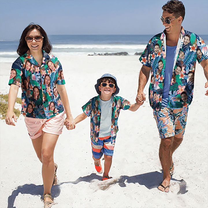 Custom Photo Hawaiian Shirt Parent-child Wears Personalised Face Hawaiian Shirt Gift Colorful Flowers