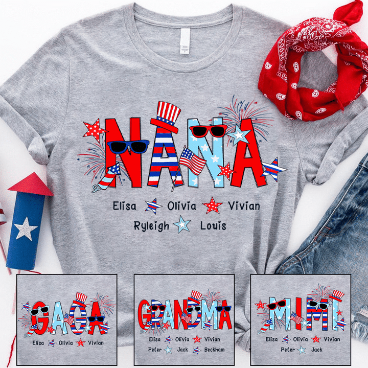 Patriotic Doodle American Nana With Grandkids T-Shirt