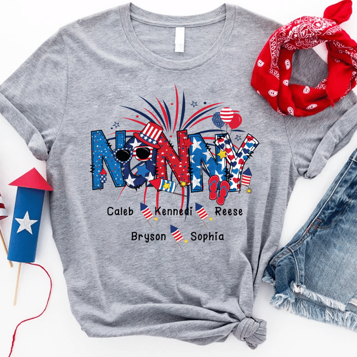 Patriotic Doodle 4th Of July Nanny And Grandkid T-Shirt