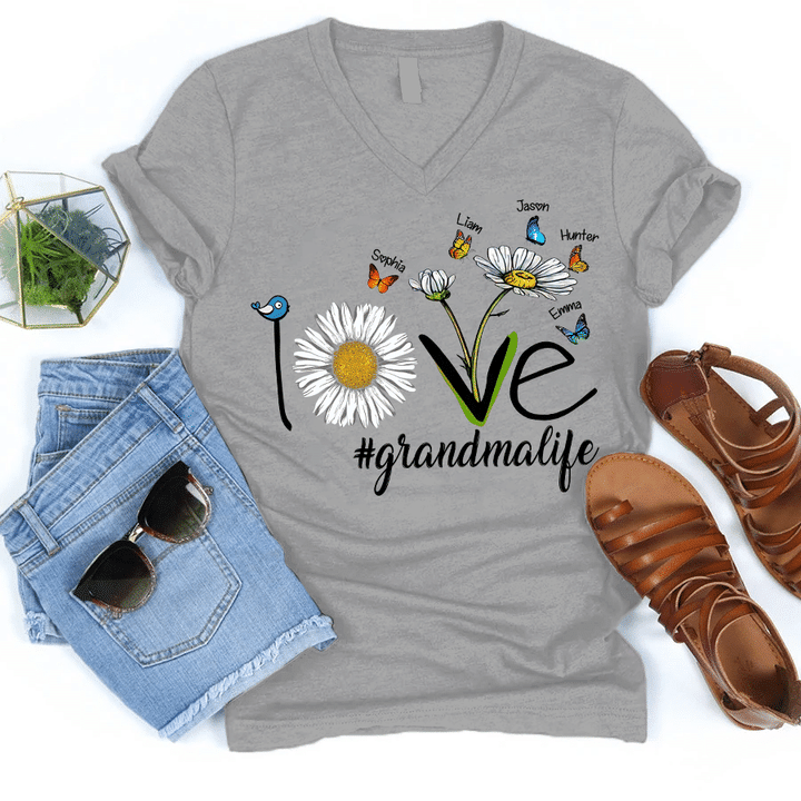 Love Grandma Life Daisy Butterfly | Personalized V-neck
