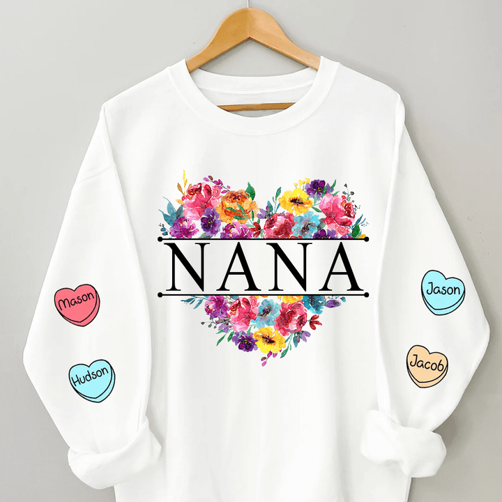 Personalized Nana Flowers Heart 3D Sweater Grandma Mom Wears Her Heart Kids On Sleeve Personalized 3D Sweater For Grandma Nana Gigi Mimi