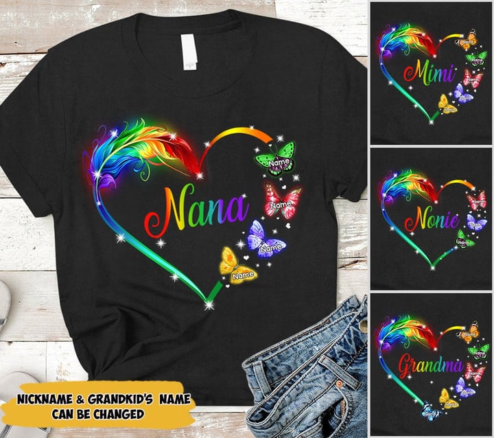 Personalized Nana Butterflies Colorful Heart Shirt Custom Nana With Grandkids Names Shirt Gift For Grandma Nana