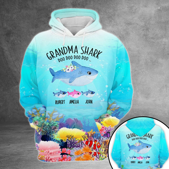 Personalized Grandma Shark Doo Doo Under The Sea 3D Shirt Grandma With Grandkids Name Cute Shark 3D All Over Print Hoodie Zip Hoodie