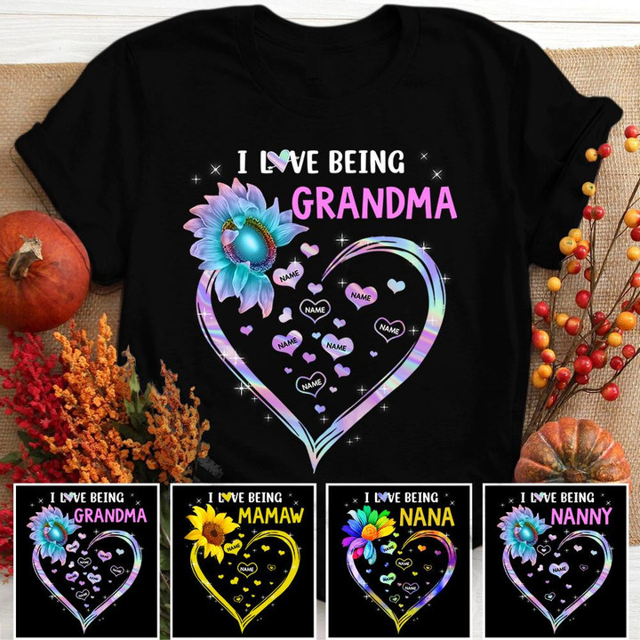 Personalized I Love Being Grandma Sunflower With Heart Shirt, Funny Grandma Shirt, Custom Grandma With Grandkids Name Shirt Hn98 Trhn.