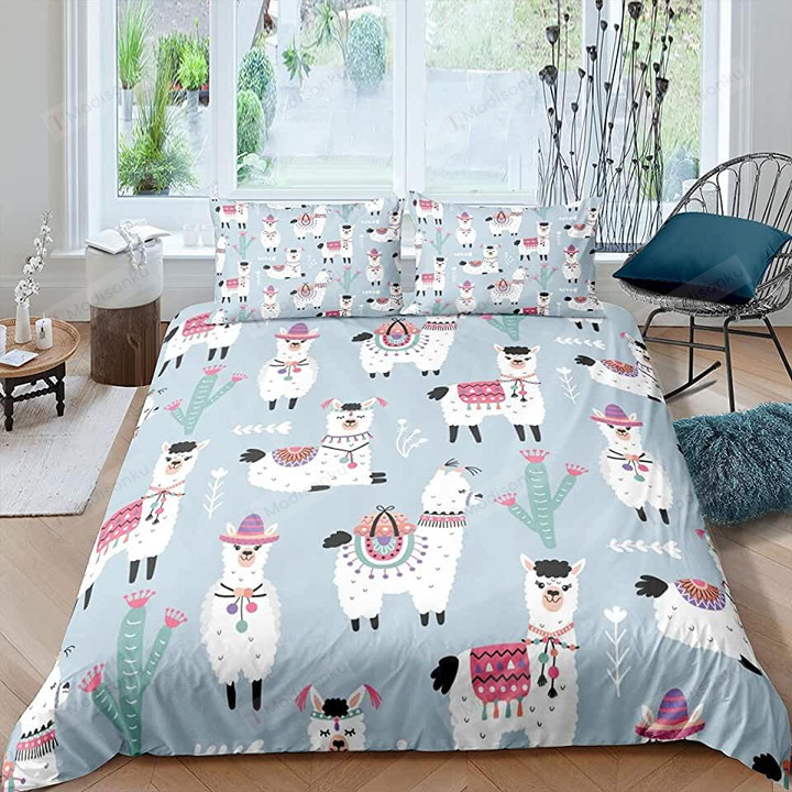 Alpaca And Cactus Pattern Bedding Set Bed Sheets Spread Comforter Duvet Cover Bedding Sets