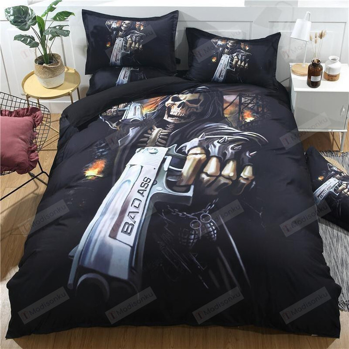Skull Gun Bad Ass Cotton Bed Sheets Spread Comforter Duvet Cover Bedding Sets